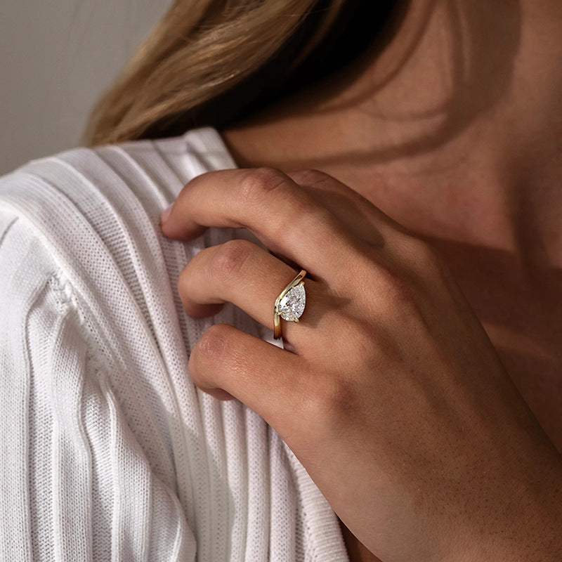 Minimalist Geometric Ring Cubic Zirconia And Pure Metal 925 Sterling Silver 18K Gold Tone White Gold Tone Wave Leaf Clover Pear Cut Open Band Fashion Ring For Women Men