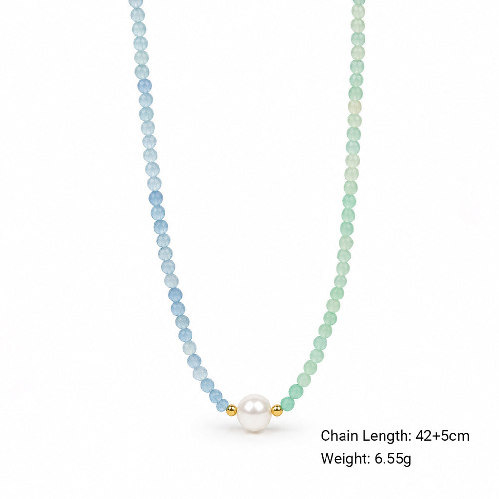 Pastel Aquamarine Green Strawberry Quartz Single Focal Pearl Beaded Strand 925 Sterling Silver Necklace
