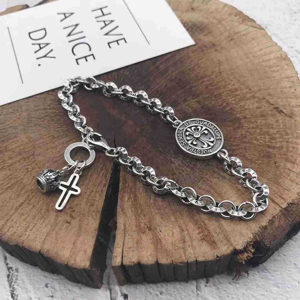 Men's Vantage Coin Cross Crown 925 Sterling Silver Curb Bracelet