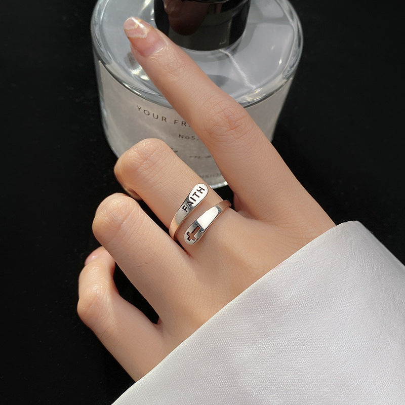 Vintage Faith Letter Cross S925 Sterling Silver Antique Oxide Geometric  Open Adjustable Ring