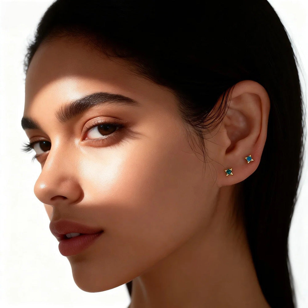 Mini Delicate Star Four Point Star Stone Setting 925 Sterling Silver Screw Back Cartilage Stud Earrings