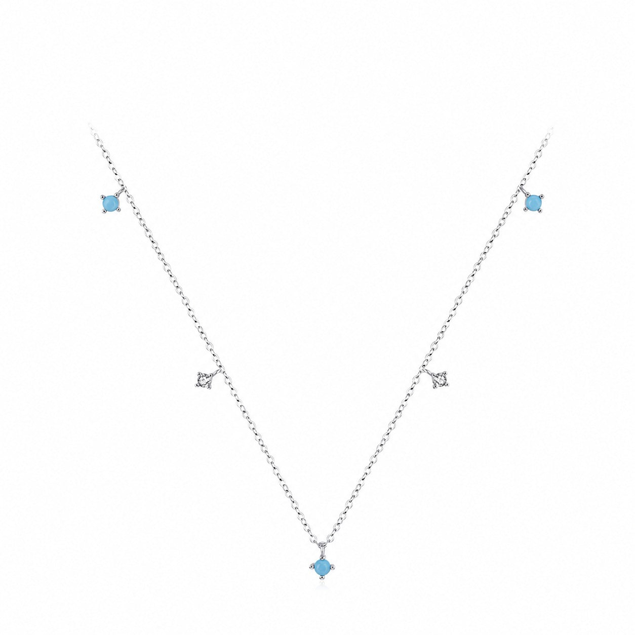 Geometric Pattern Turquoise And Cubic Zirconia 925 Silver Necklace
