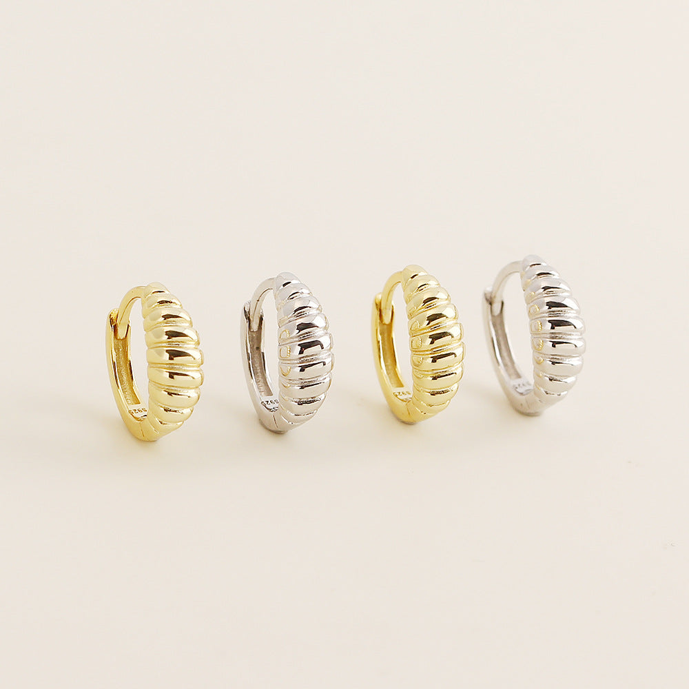 Striped Cheek Style Croissant Shaped 925 Sterling Silver Huggie Hoop Earrings