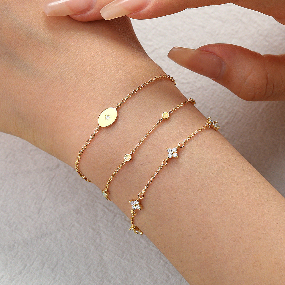 Girl CZ Four Leaf Clover Round Opal 925 Sterling Silver Bracelet