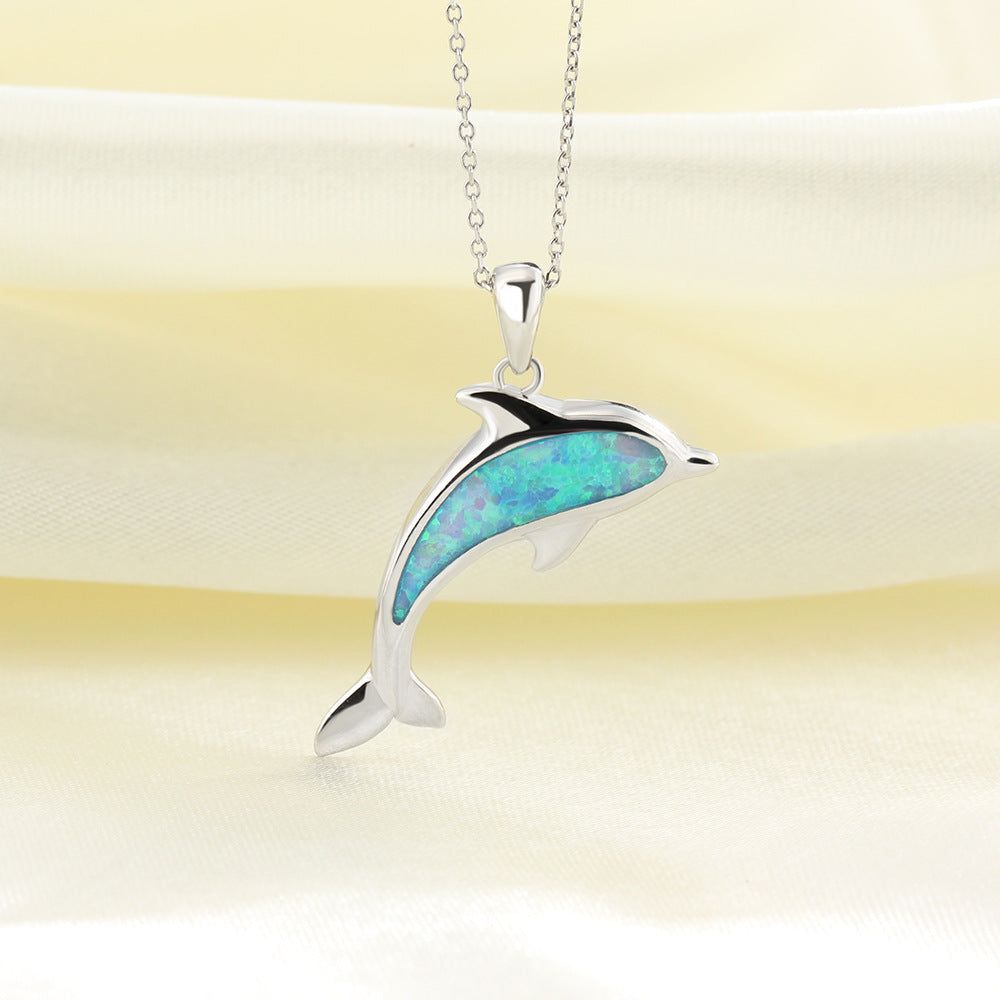 Blue Opal Dolphin Pendant on a 925 Sterling Silver Necklace
