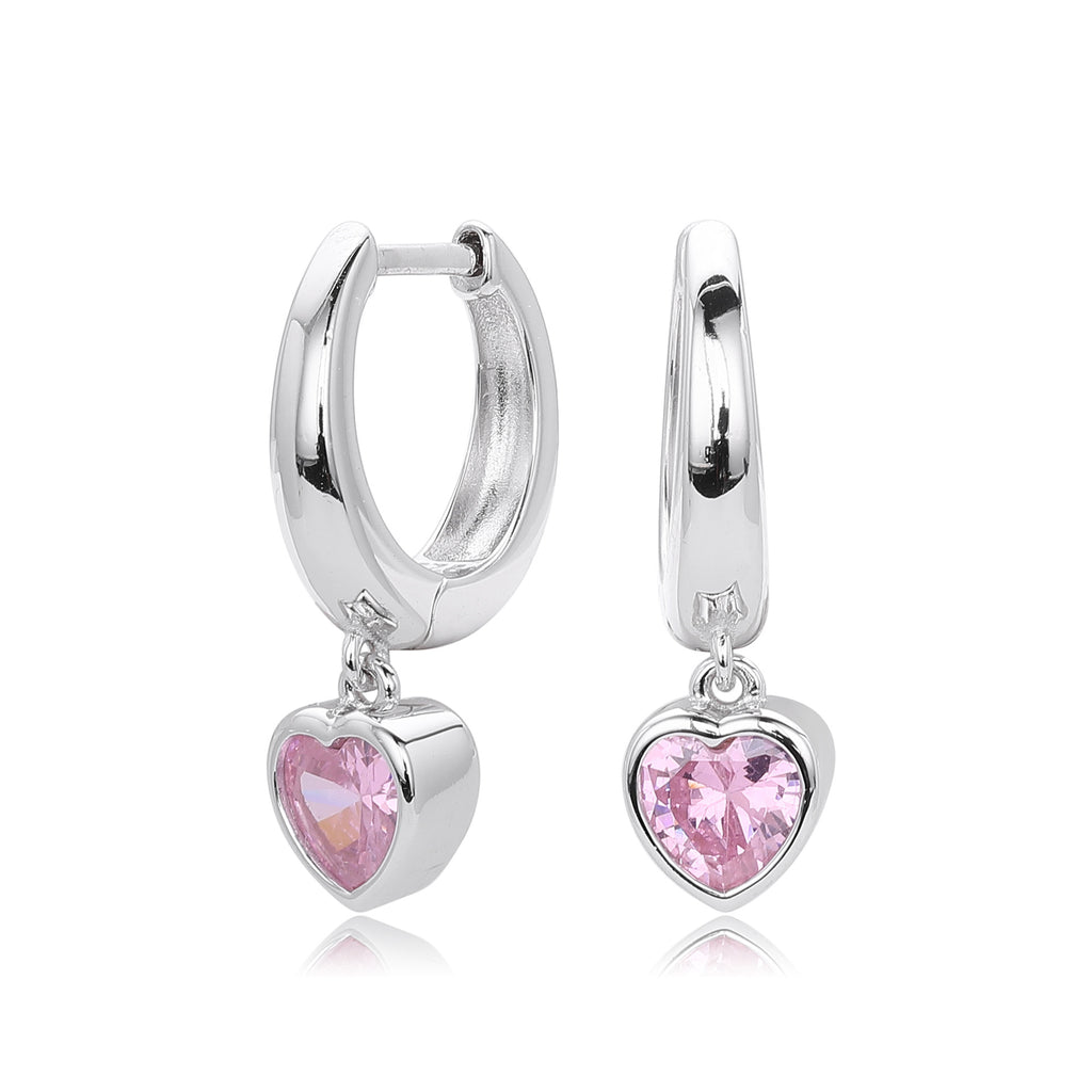 Minimalist 925 Sterling Silver with Gold Plating Heart Shape Pink Cubic Zirconia Dangle Hoop Earrings