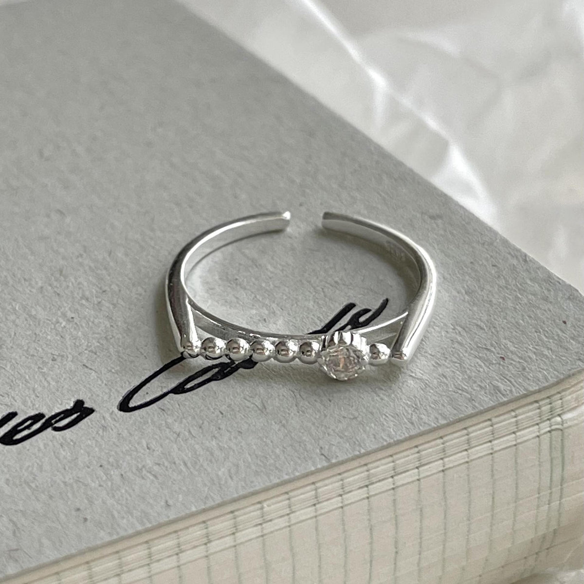 New Round Beads CZ Turntable 925 Sterling Silver Adjustable Ring