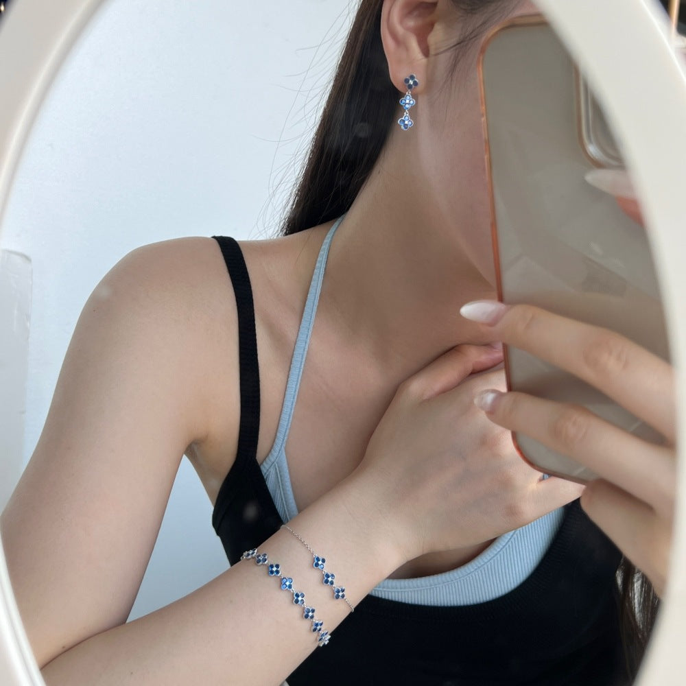 Girl Beautiful White Blue CZ Four Leaf Clover 925 Sterling Silver Bracelet Dangling Earrings