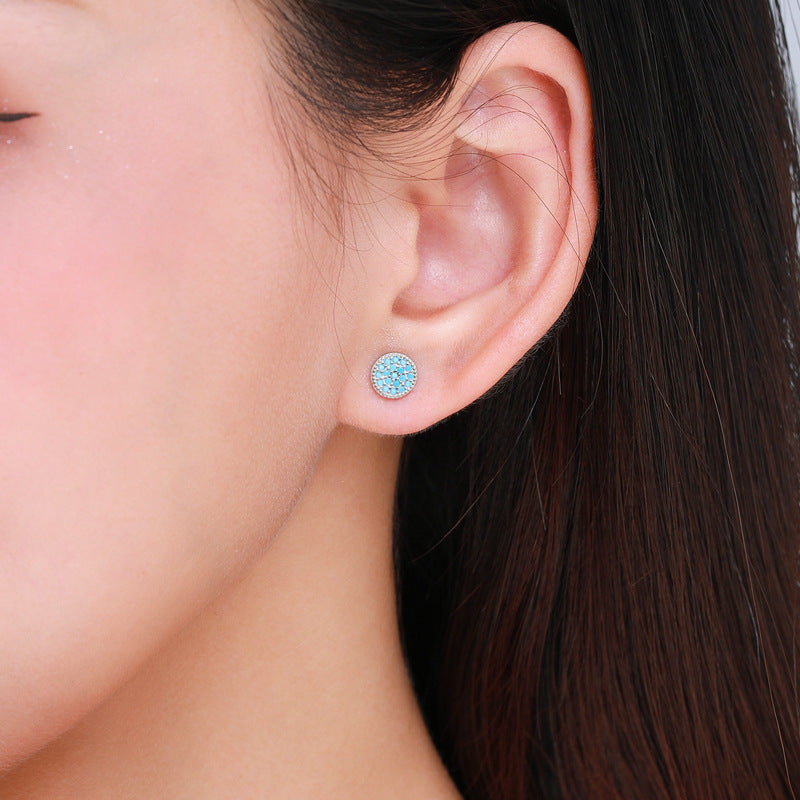 Round Turquoise Natural Stone 925 Sterling Silver Stud Earrings