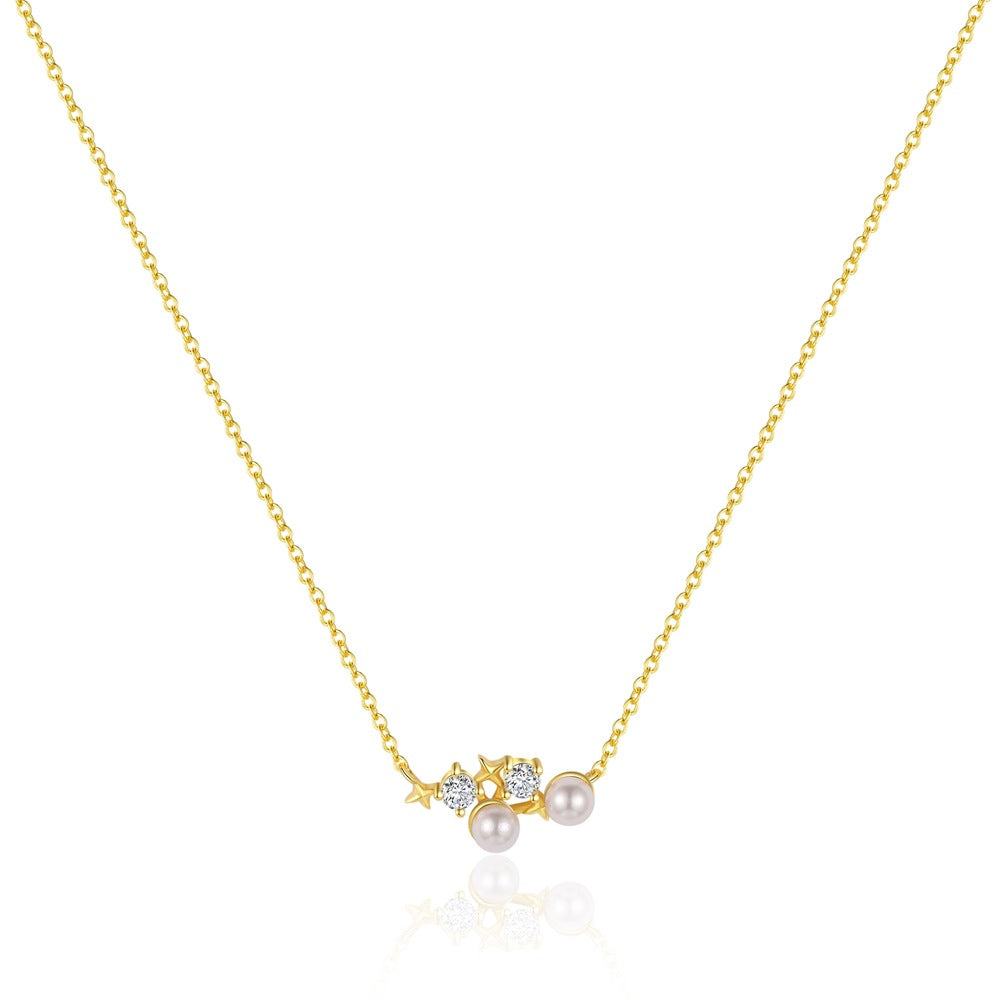 Women Elegant Natural Pearls CZ Star 925 Sterling Silver Necklace