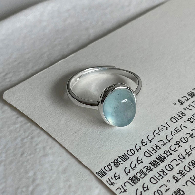Graduation Oval Natural Aquamarine 925 Sterling Silver Adjustable Ring