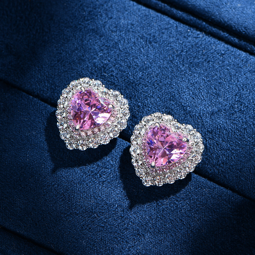 Women 8 * 8mm Heart Created High Carbon Diamond CZ Border 925 Sterling Silver Stud Earrings
