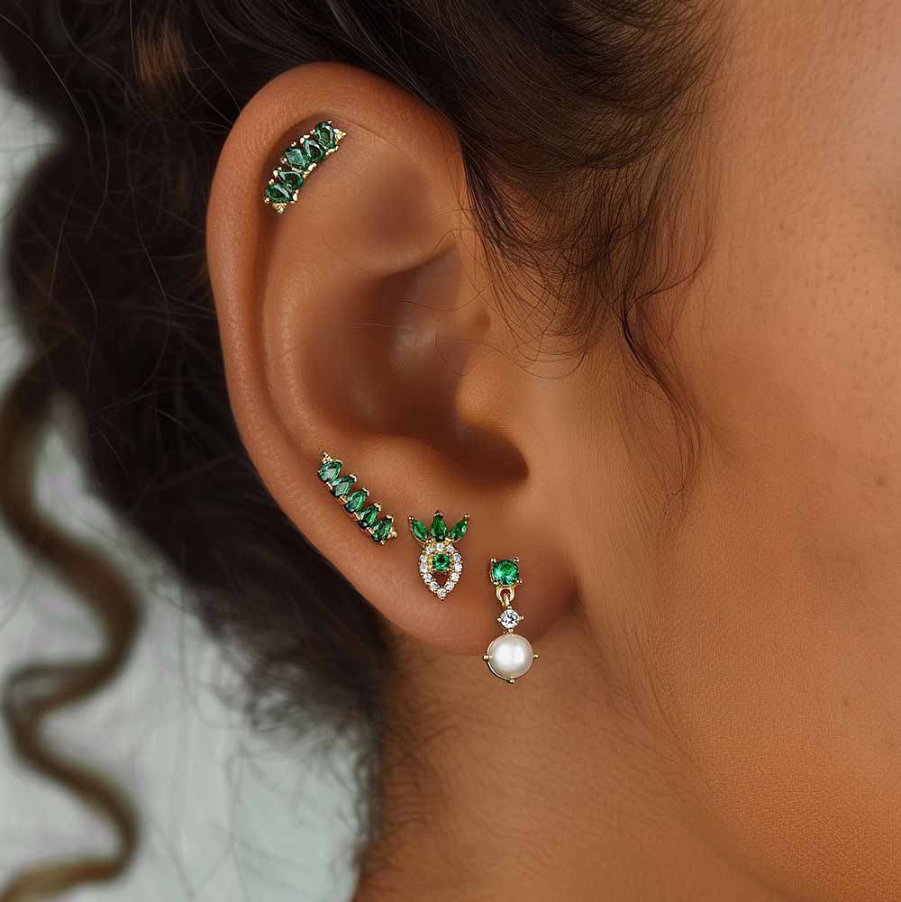 Elegant Geometry Green CZ Crown Waterdrop 925 Sterling Silver Stud Earrings