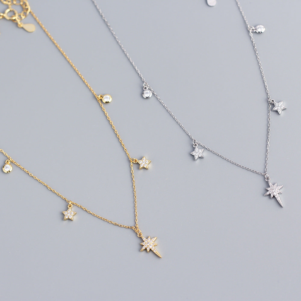 Celestial North Star And Five Point Star Cubic Zirconia 925 Sterling Silver Station Chain Necklace