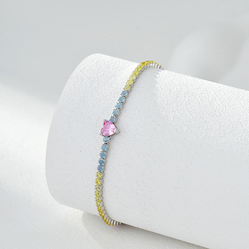 Rainbow Love Heart Shape Cubic Zirconia Tennis Bracelet in 925 Sterling Silver with Adjustable Chain Multicolor Fashion Jewelry for Women Birthday Anniversary Gift