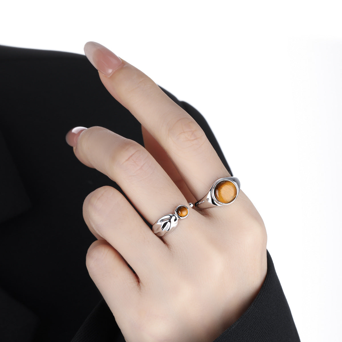 Natural Tiger's Eye 925 Sterling Silver Natural Stone Adjustable Open Band Wide Rimmed Leaf-Shaped Twisted Ring