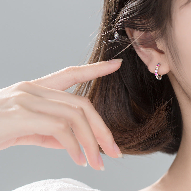Multicolor Pink Purple Clear Cubic Zirconia S925 Sterling Silver Delicate Short Huggie Earrings
