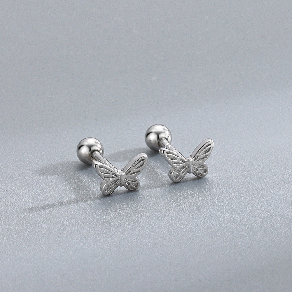 Girl Initial Tiny Butterfly 925 Sterling Silver Screw Stud Earrings