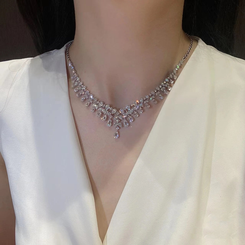 White Teardrop  and Pear-Shaped Zircon Bead 925 Sterling Silver Necklace
