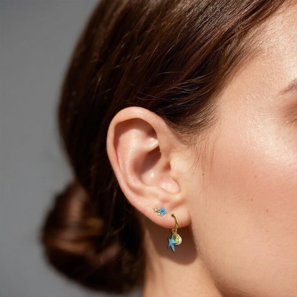 Summer Ocean Star Sea Pearl Circular Leaf-shaped Resin Pendant S925 Silver Earrings