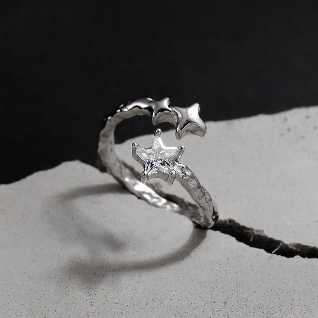 Asymmetrical Star White Gold Tone 925 Sterling Silver Fashion Open Ring