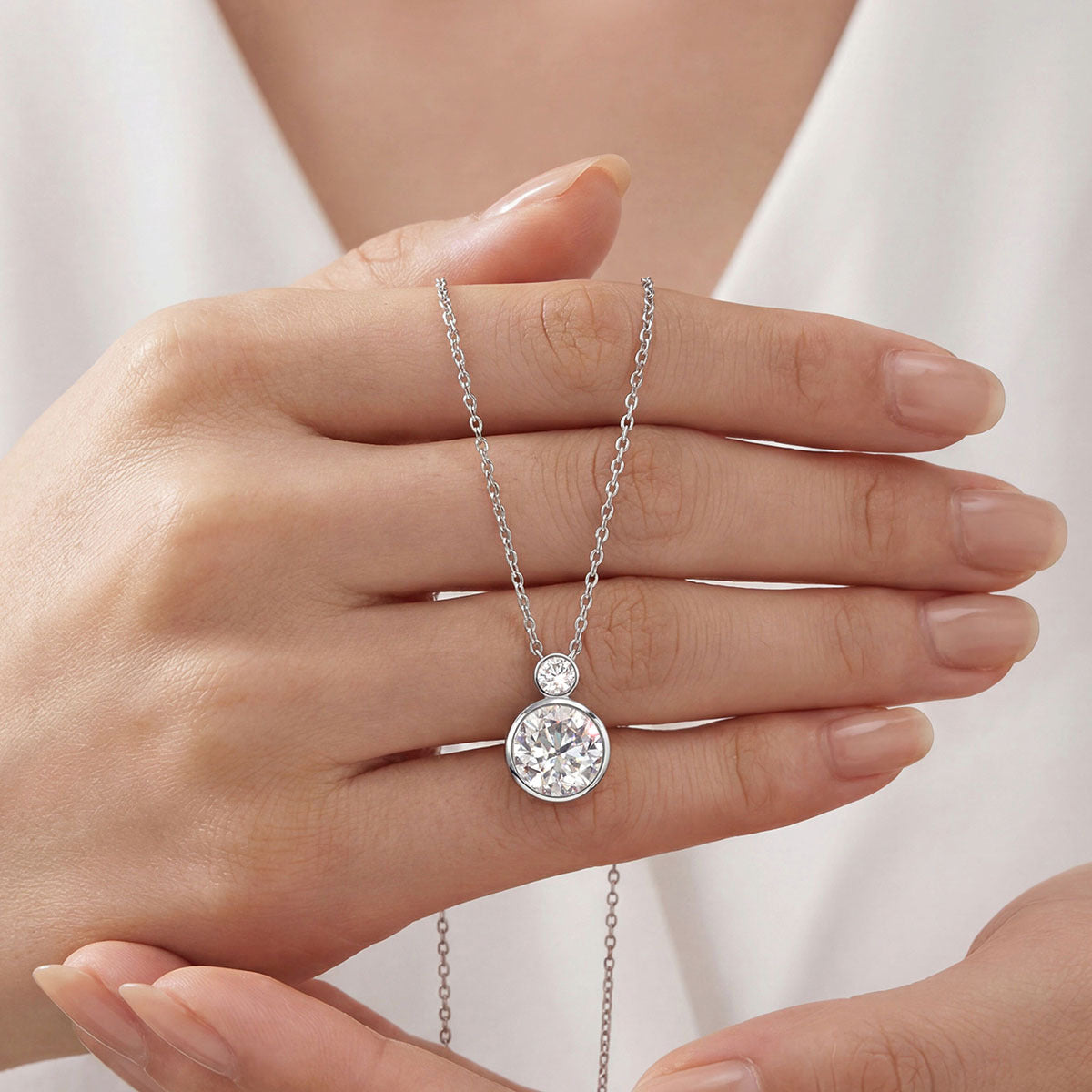 Double Round Bezel Set Moissanite 925 Sterling Silver Pendant Necklace