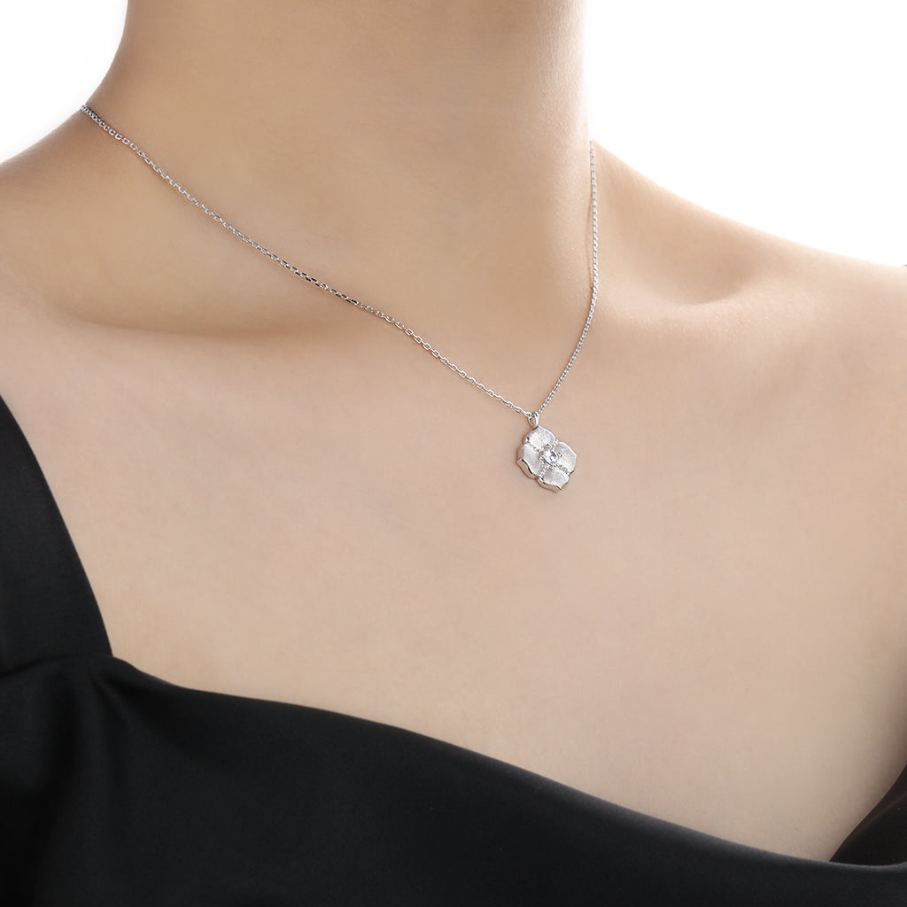 Cubic Zirconia Brushed Five Petal Flower 925 Sterling Silver Minimalist Collarbone Chain Necklace