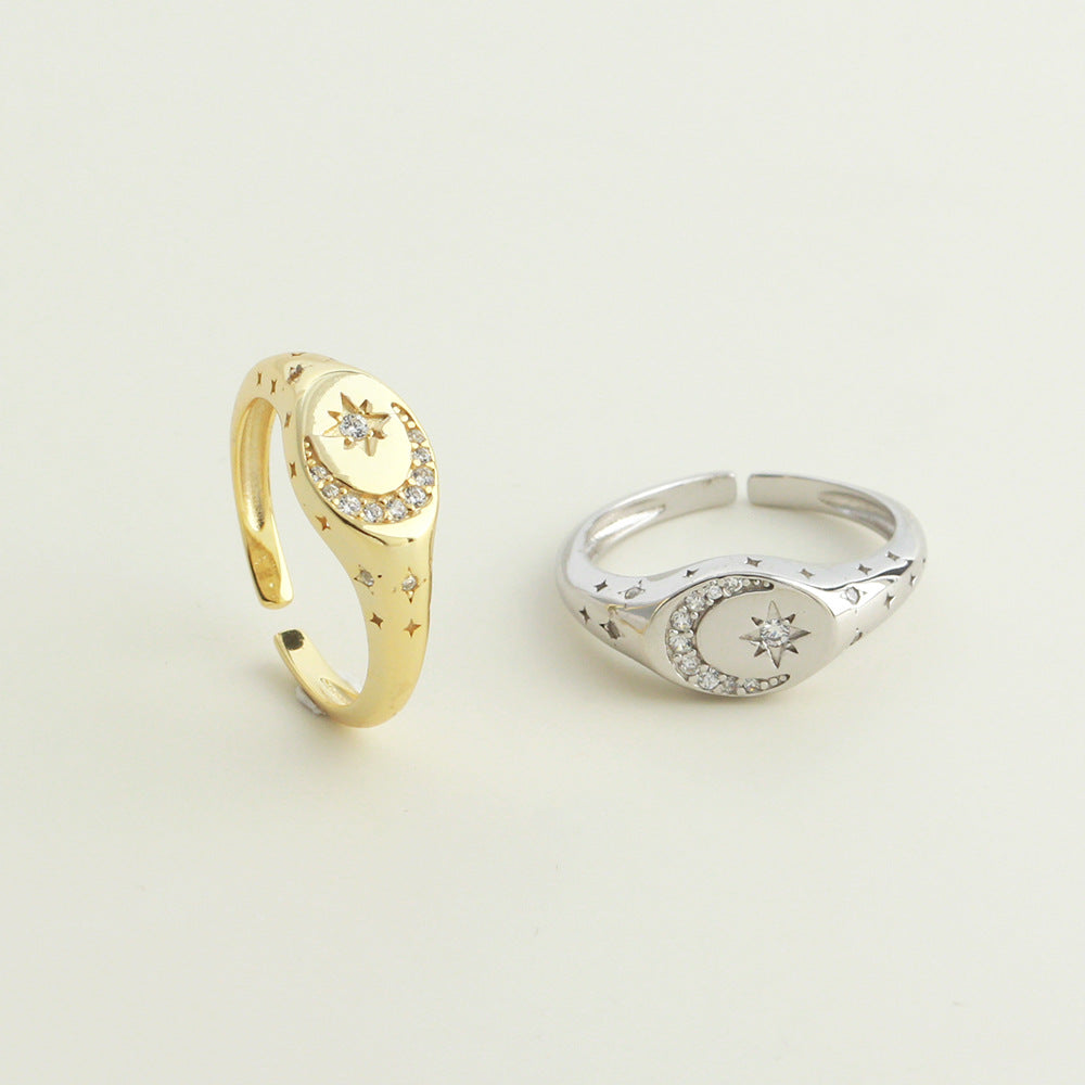 Cubic Zirconia Crescent Moon And Eight Point Star Adjustable Ring S925 Silver Celestial Open Band Ring Women Elegant Modern Fashion Gift Jewelry