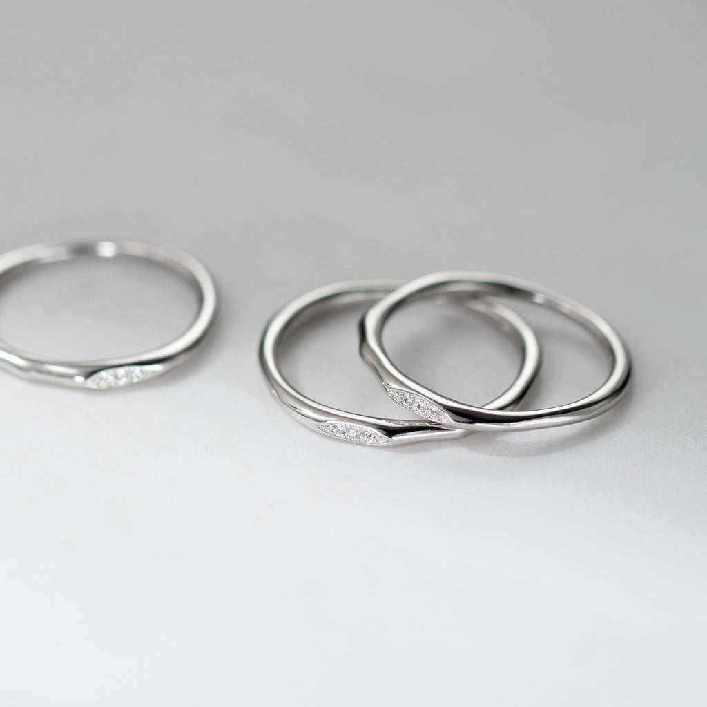 Cubic Zirconia Irregular Wavy Slim S925 Sterling Silver Vintage Textured Minimalist Delicate Stacking Ring