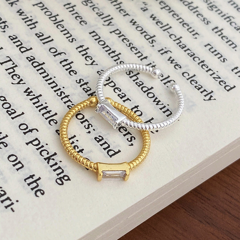 Simple Geometry Baguette CZ 925 Sterling Silver Twisted Adjustable Ring