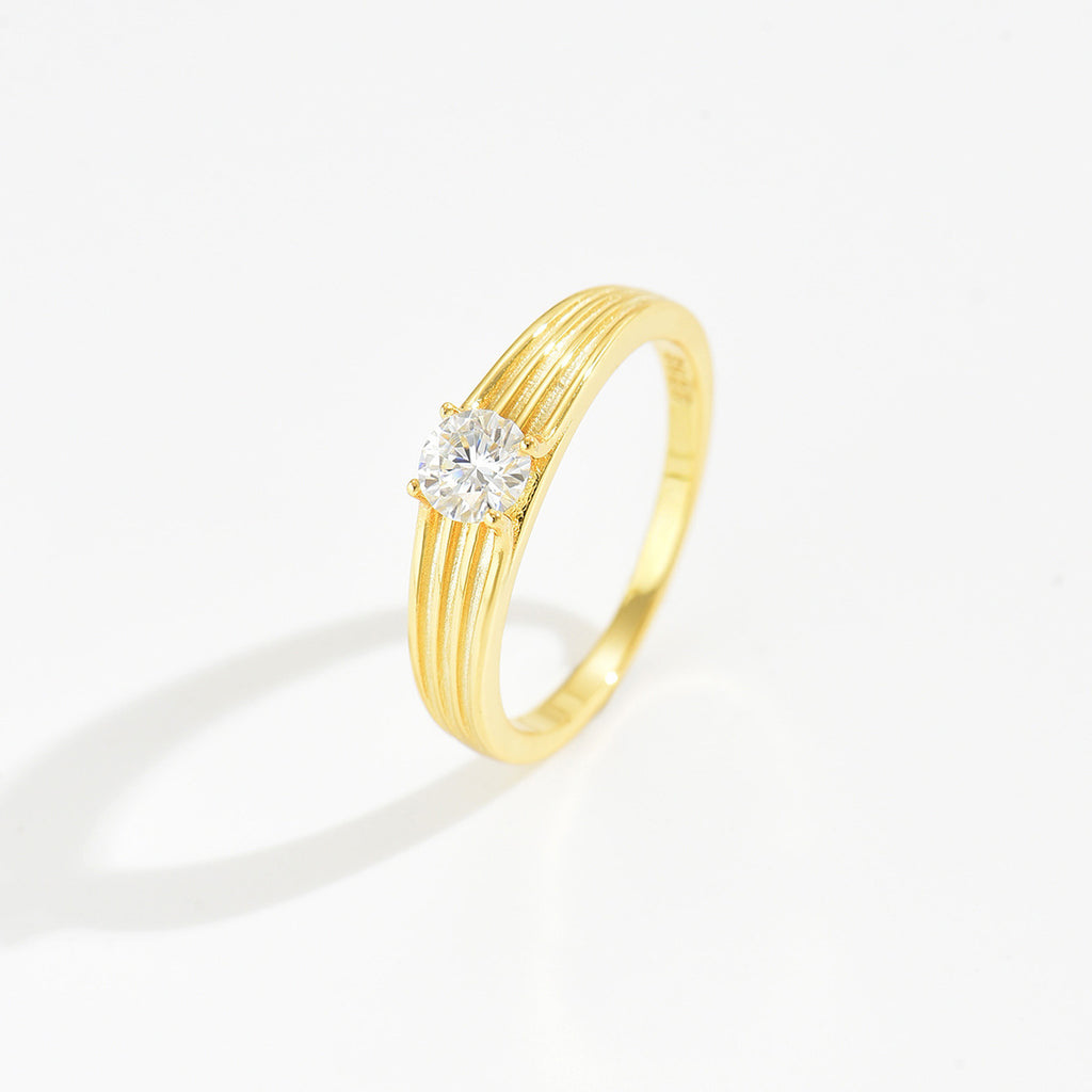 Round Solitaire Moissanite 925 Sterling Silver Three Line Ribbed Band 0.5 Carat Ring