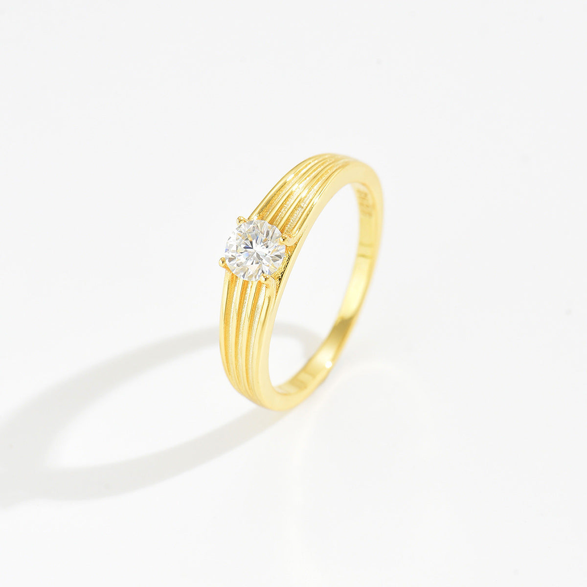 Round Solitaire Moissanite 925 Sterling Silver Three Line Ribbed Band 0.5 Carat Ring
