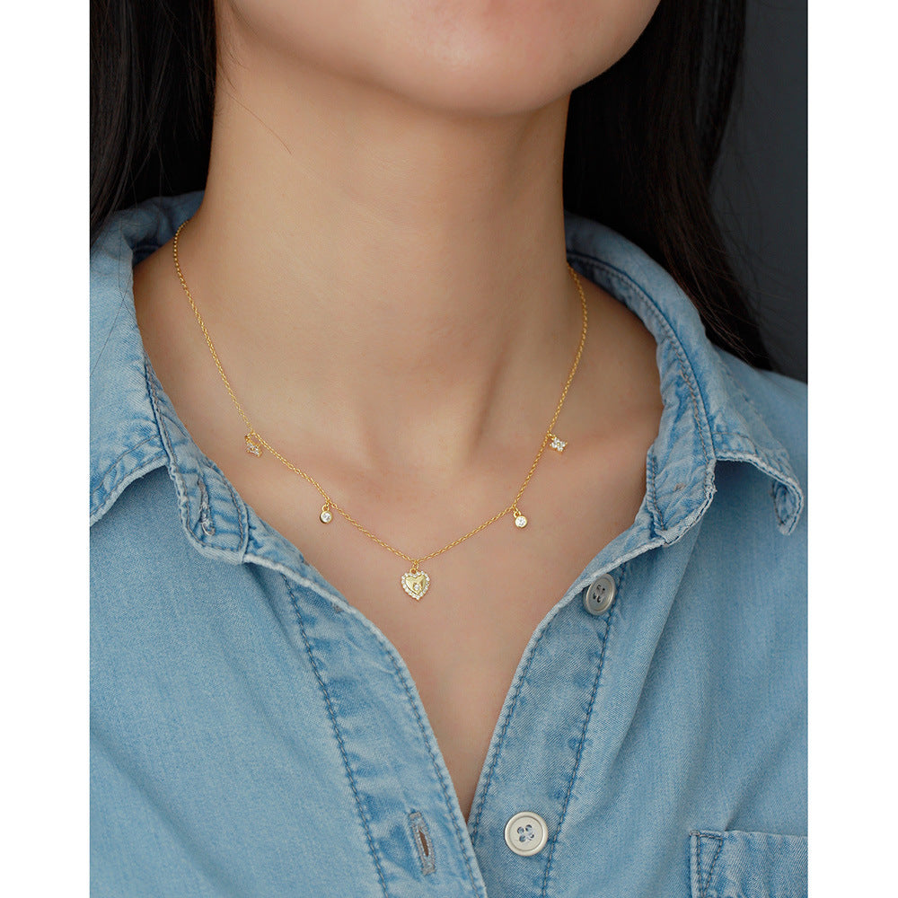 Cubic Zirconia Heart Pendant Multi Charm Chain Necklace In 925 Sterling Silver  French Collarbone Style Elegant Fashion Jewelry For Women