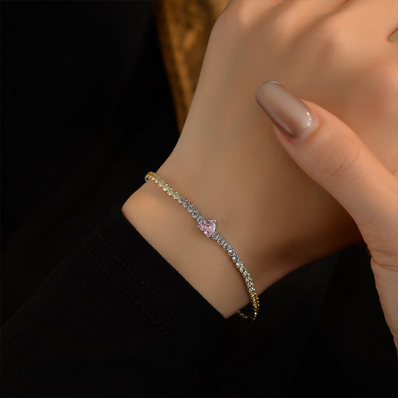Rainbow Love Heart Shape Cubic Zirconia Tennis Bracelet in 925 Sterling Silver with Adjustable Chain Multicolor Fashion Jewelry for Women Birthday Anniversary Gift