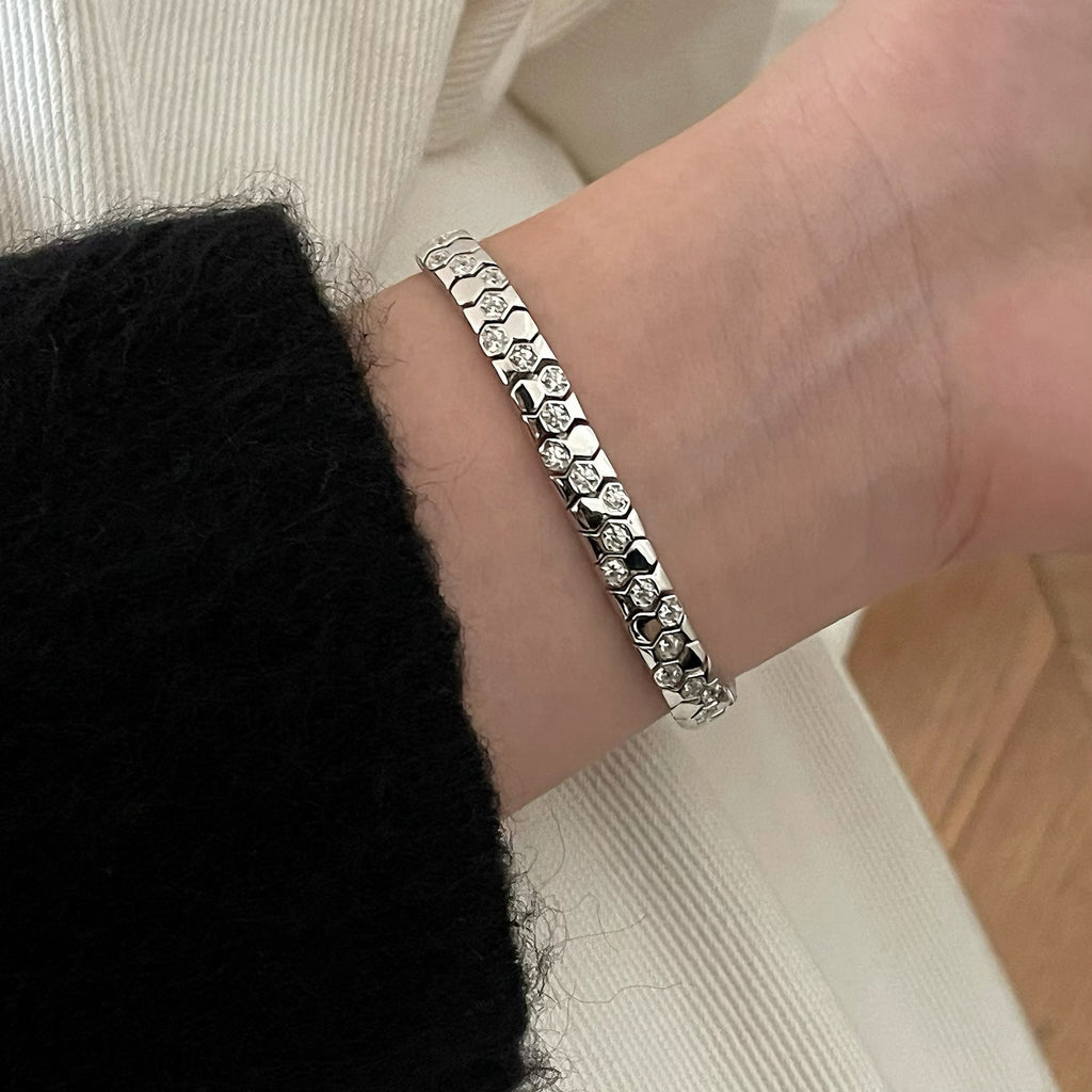 925 Sterling Silver Zirconia Hexagonal Wide Snake Bone Geometric Link Bracelet