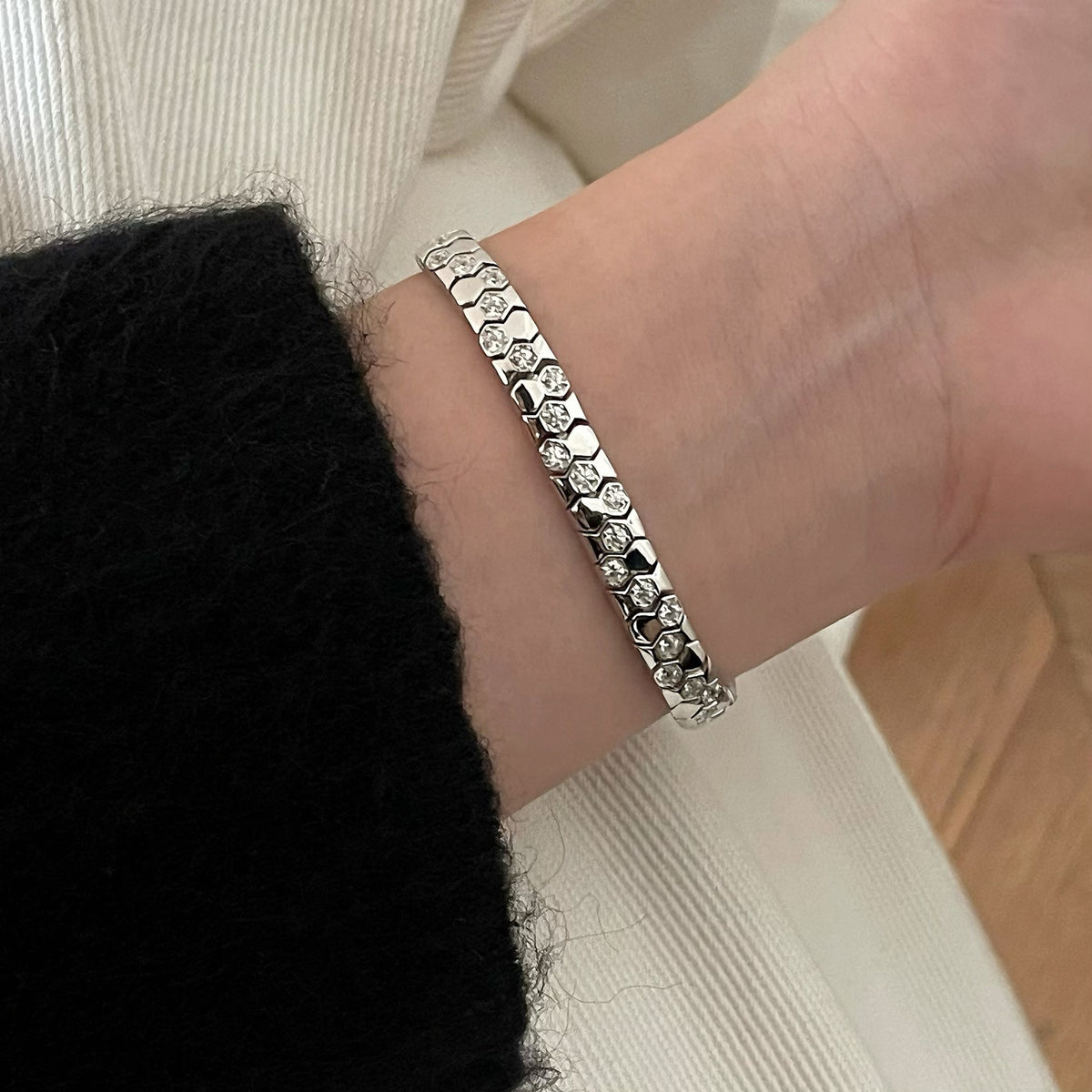 925 Sterling Silver Zirconia Hexagonal Wide Snake Bone Geometric Link Bracelet