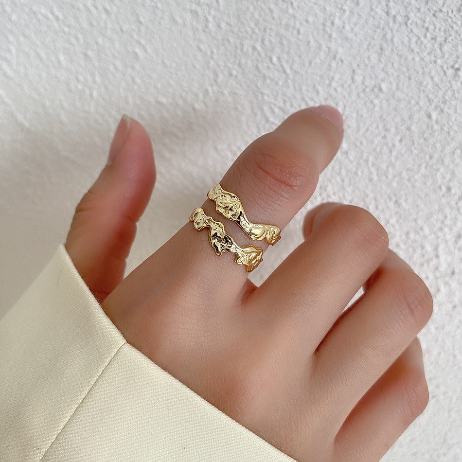 Irregular Double Layer Texture Adjustable Sterling Silver Ring