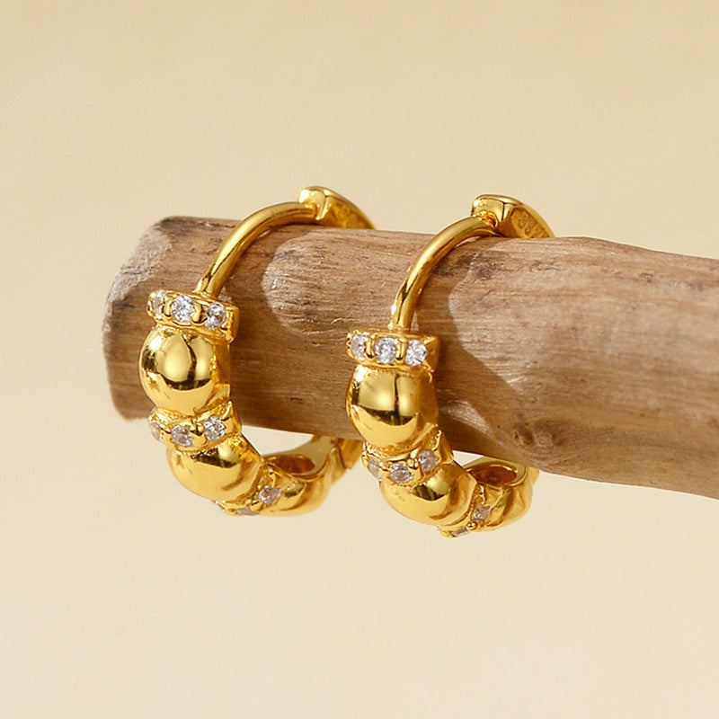 Geometric Oval Bead Spaced Cubic Zirconia 18K Gold Rhodium 925 Sterling Silver Hoop Huggie Earrings