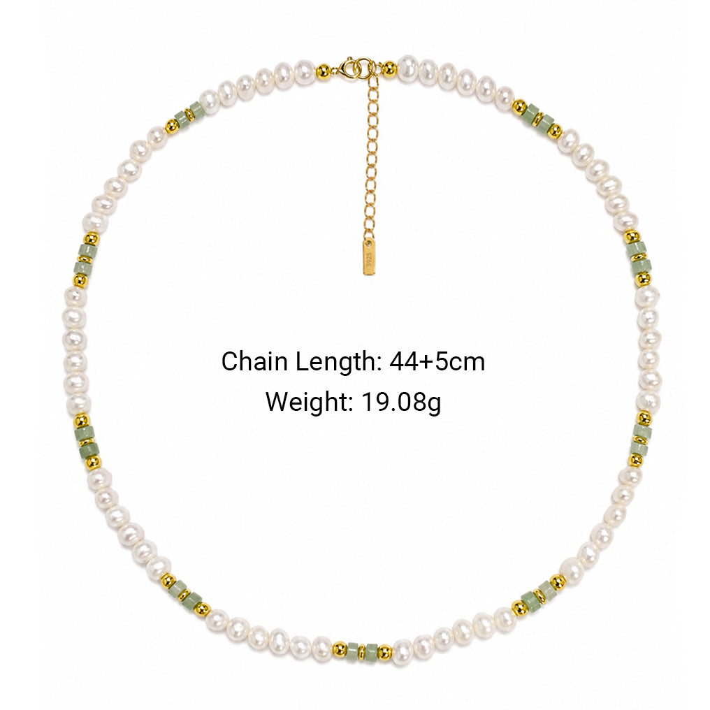 Dainty Vintage Green Stone Pearl Beaded Strand Fashion Jewellery 925 Sterling Silver Necklace