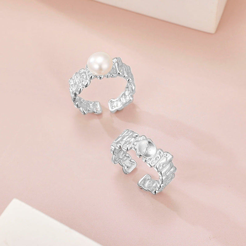 Women Modern Casual Fashion Finished Pearl Geometric Textured Band Rhodium S925 Sterling Silver Adjustable Open Ring