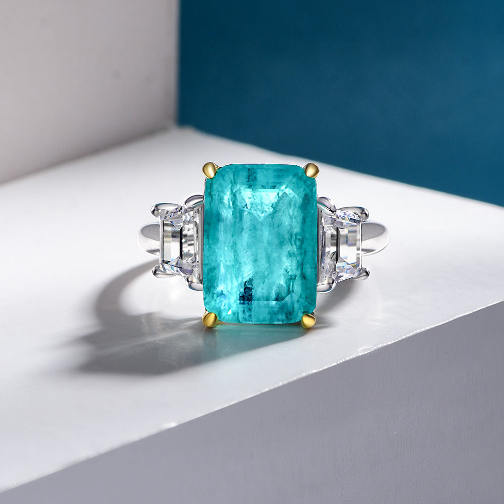 Rectangular Paraíba blue synthetic sapphire 925 sterling silver three stone Ring