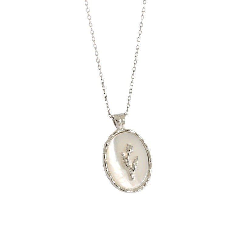Tulip Oval Shell 925 Sterling Silver Necklace Mini Delicate Geometric Pendant Necklace