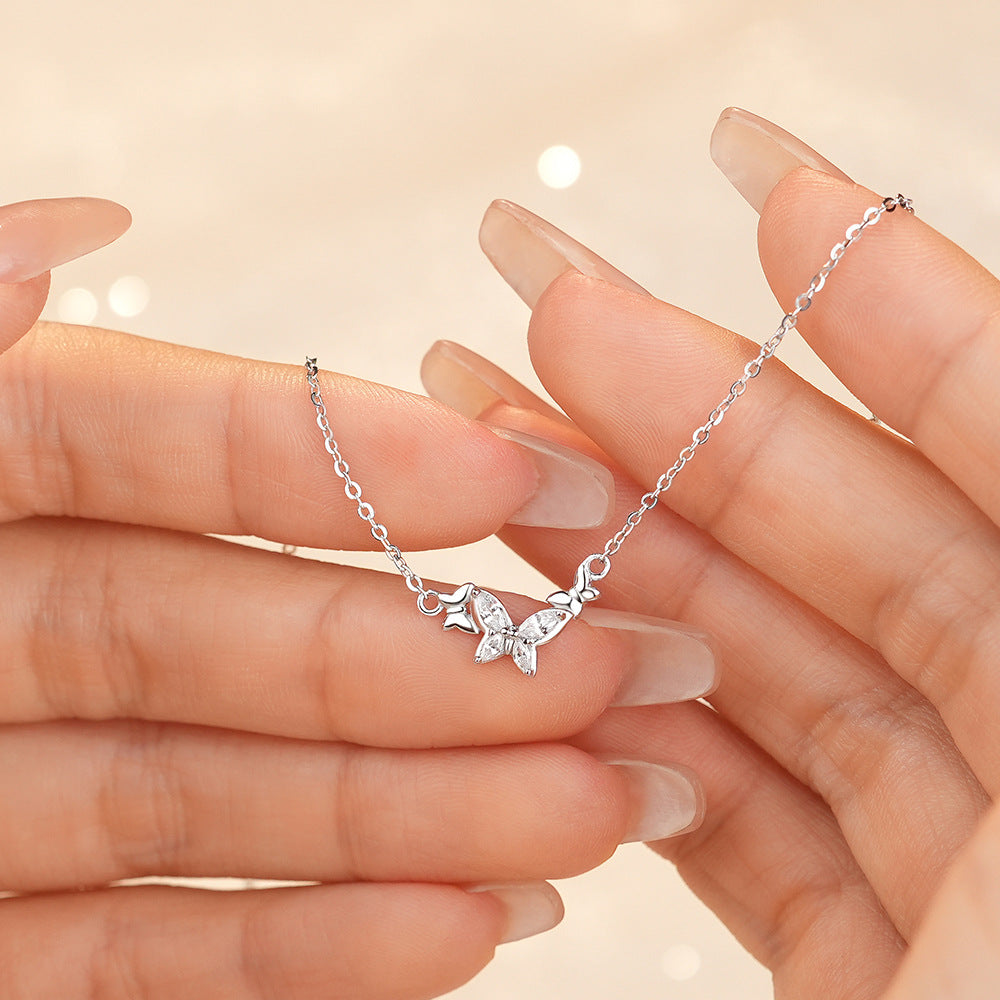 Honey Moon Sweet Three Flying Butterfly 925 Sterling Silver Necklace