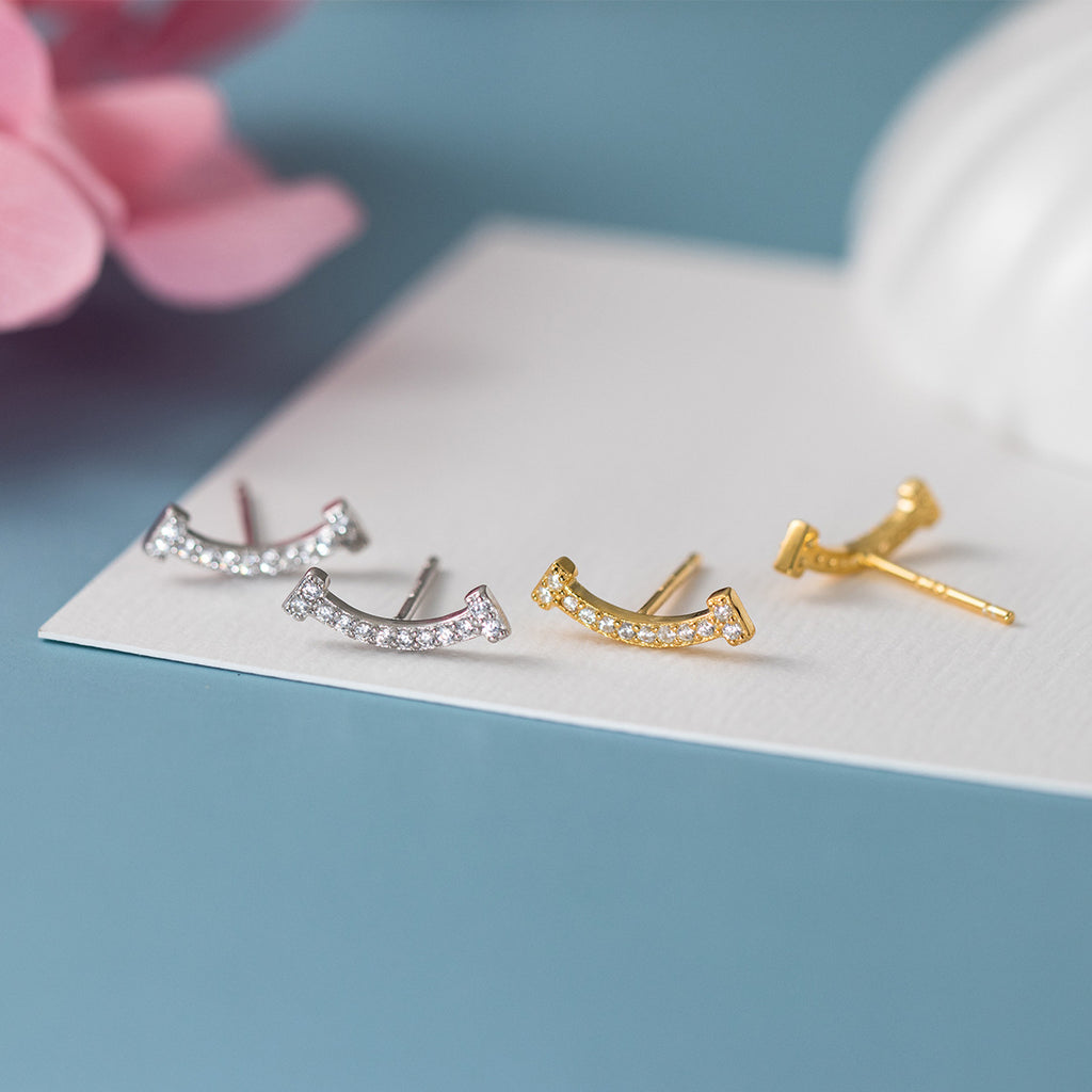 Cubic Zirconia Smile Face Curve S925 Sterling Silver Stud Earrings