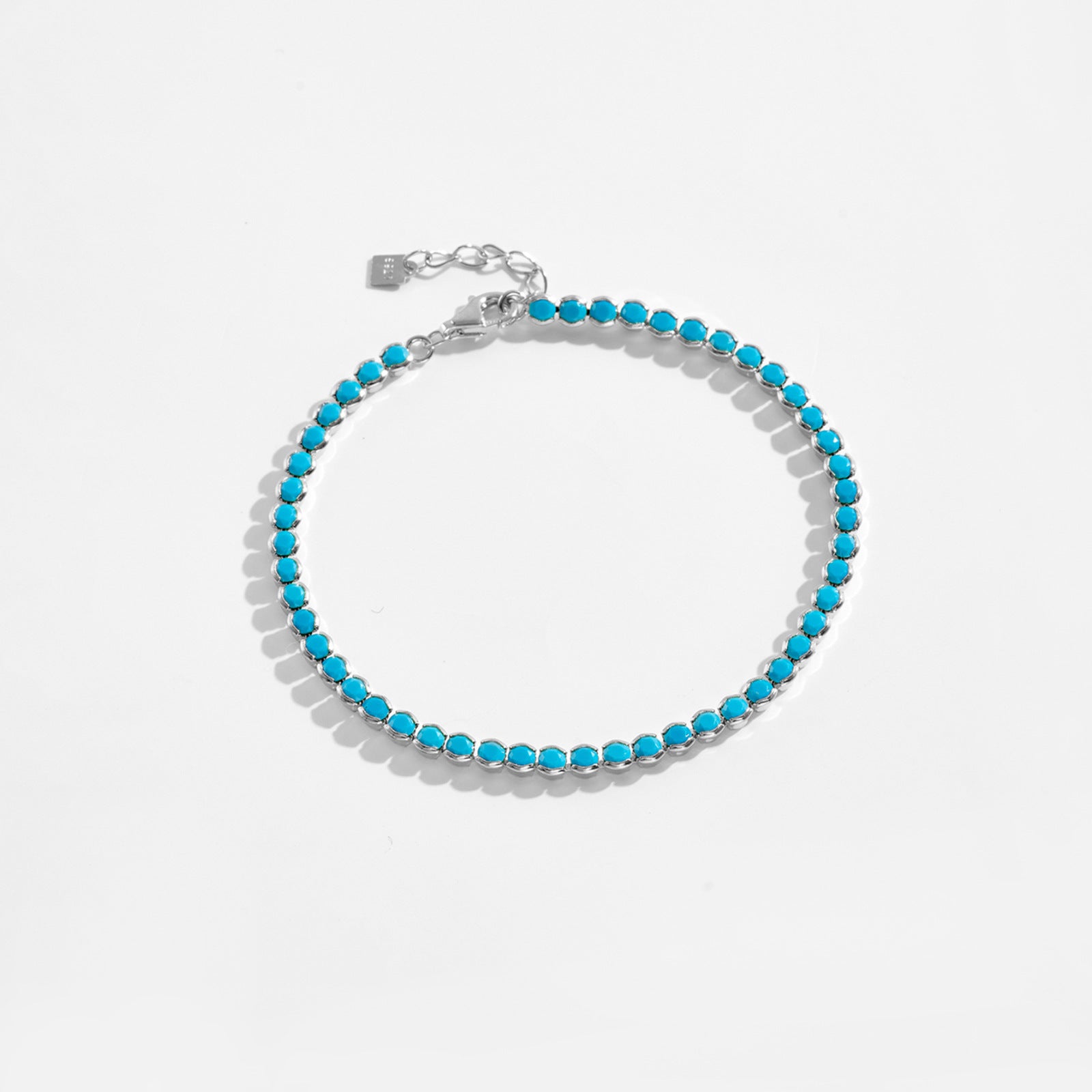 Blue Turquoise Bezel Set Natural Stone 925 Sterling Silver Tennis Chain Bracelet