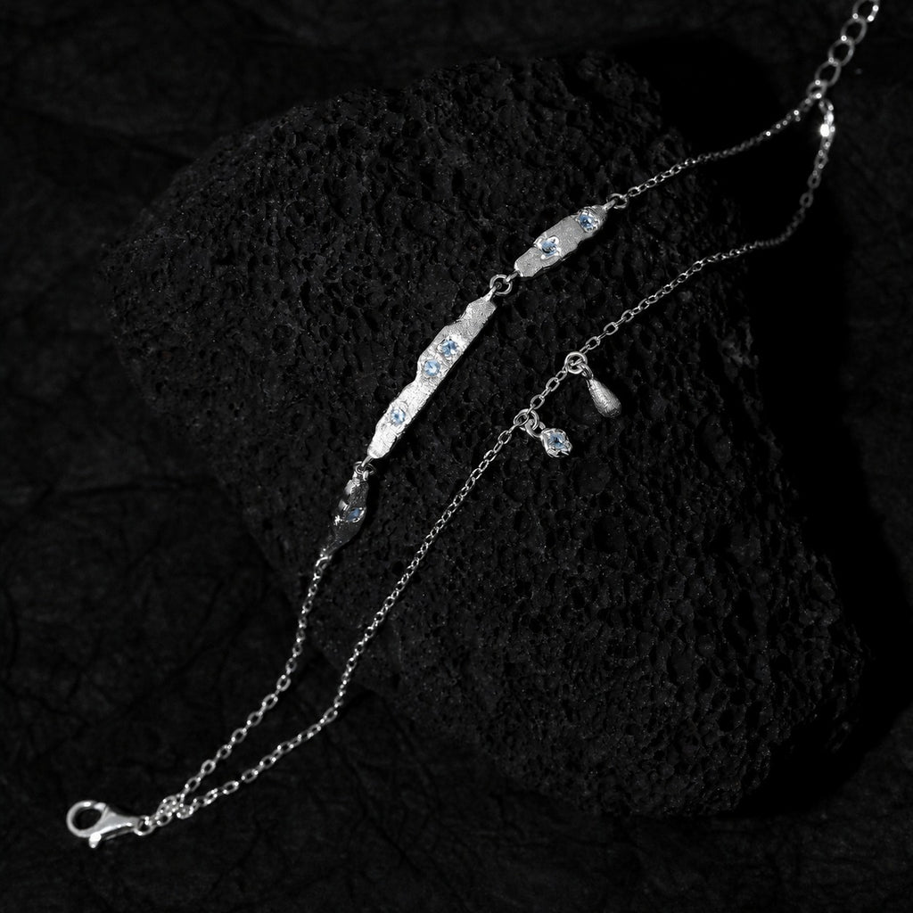 Cubic Zirconia Double Layer Teardrop Pendant with 925 Sterling Silver Brushed Texture Irregular Bar Link Bracelet