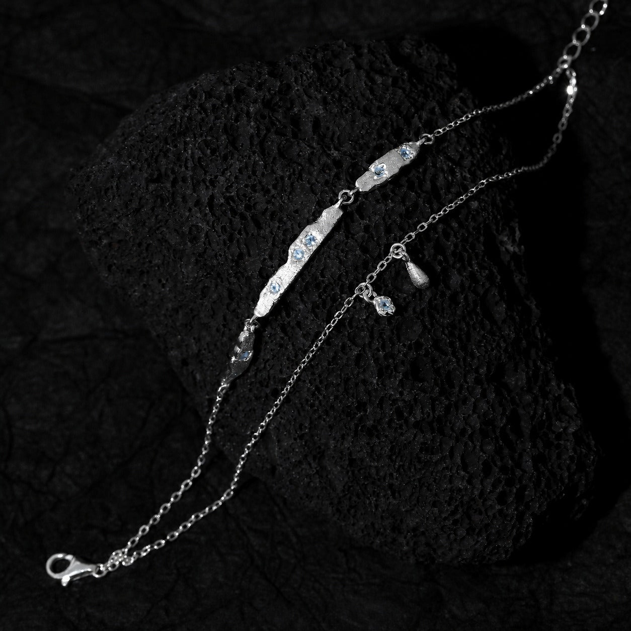Cubic Zirconia Double Layer Teardrop Pendant with 925 Sterling Silver Brushed Texture Irregular Bar Link Bracelet