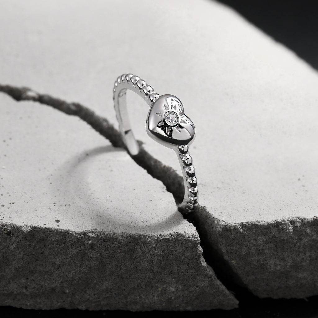 Heart Sunburst Cubic Zirconia 925 Sterling Silver Women Minimalist Beaded Band Open Ring