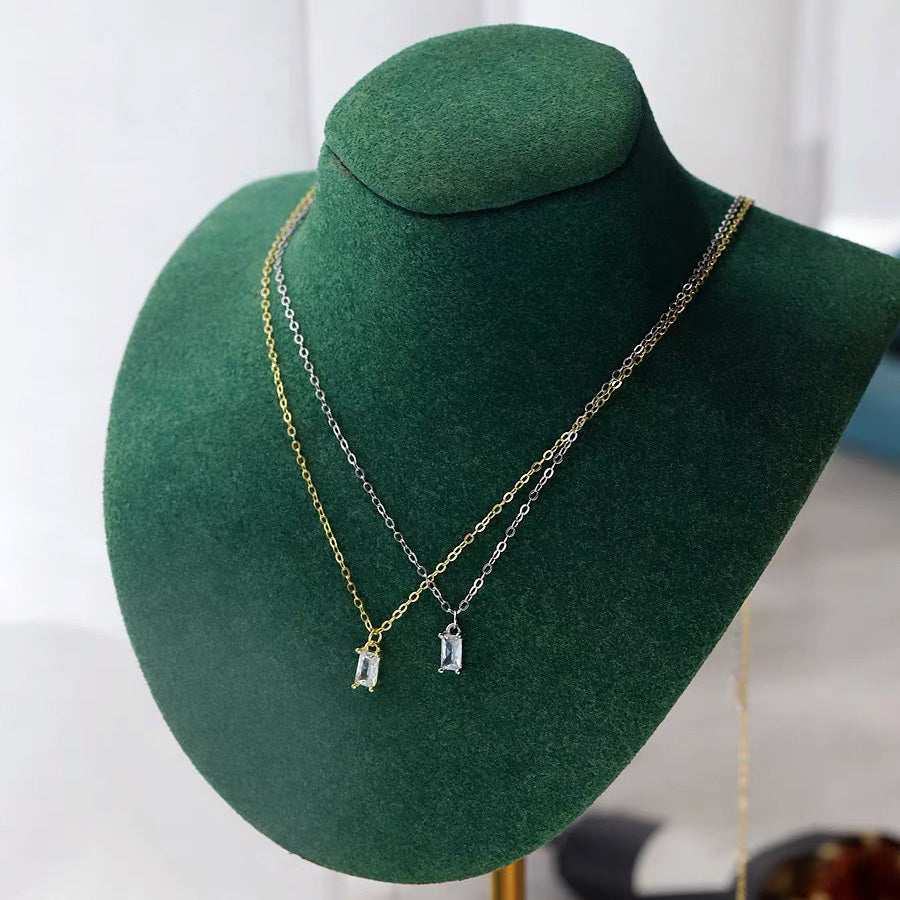 Simple Geometry Baguette CZ 925 Sterling Silver Curb Chain Necklace