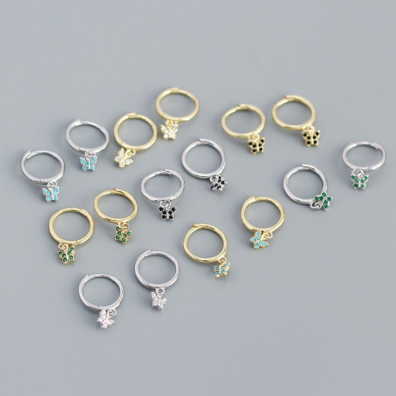 Sweet Mini CZ Flying Butterfly 925 Sterling Silver Hoop Earrings